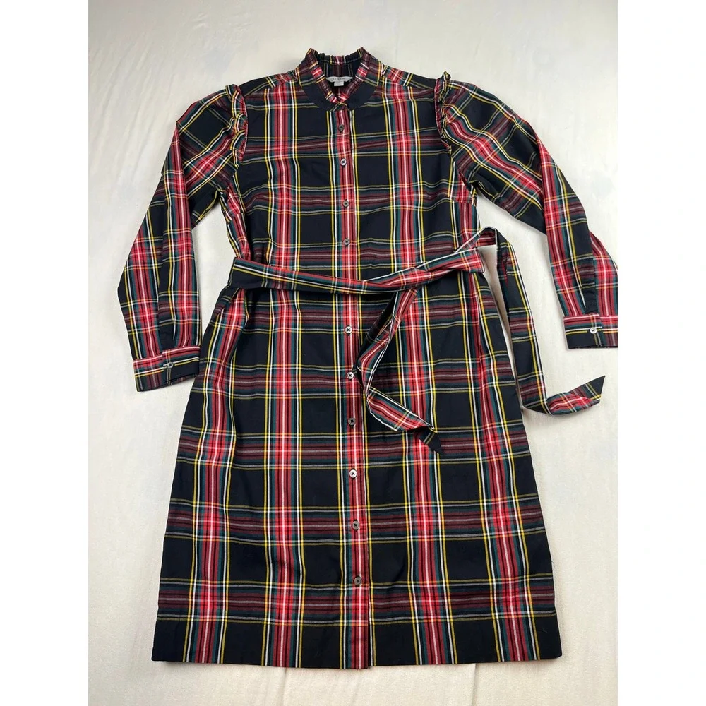 J.Crew Plaid Ruffle Collar Shirt Dress Black Red Stewart Tartan Belted 2